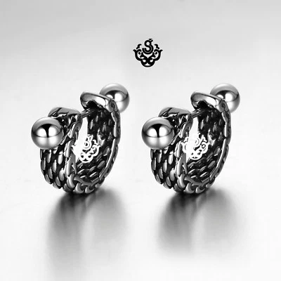Silver stud carved stainless steel earrings huggies cuff screw on Soft Gothic Foto 1 de 3
