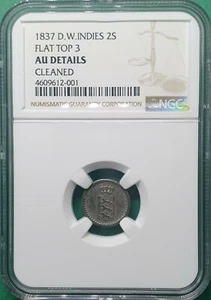 1837 DANISH WEST INDIES 2 SKILLING SILVER FLAT TOP 3 NGC AU DETAILS CLEANED RARE - Picture 1 of 2