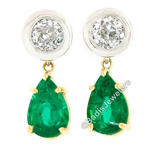 14k Gold 3.31ct GIA Pear Emerald Bezel Old European Diamond Drop Dangle Earrings - Picture 1 of 10