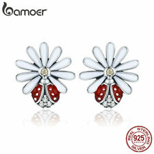 BAMOER .925 Sterling Silver Stud Earrings Enamel Flower path With CZ For Women