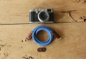 Camera neck shoulder strap blue black spot climbing rope tan leather style B - Picture 1 of 6
