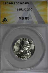 1951-D .25 ANACS MS 65 Washington Quarter, Silver 25 Cents (0.25) - Picture 1 of 2