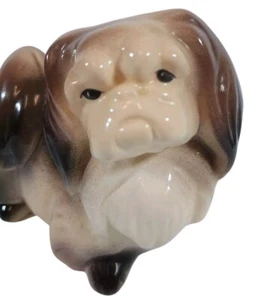 Ceramic Pekingese Dog Statue Figurine Vtg Black Brown Japanese Chin Signed 1988 - Picture 1 of 12