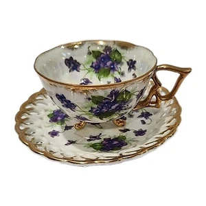 Napco 3 Fuß Porzellan Teetasse & Untertasse Wilde Veilchen Gold Gitterschliff SD 178 - Bild 1 von 13