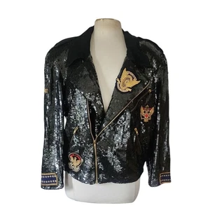 VTG 80s Bomber Jacket Black Sequins Gold Eagle Motorcycle Patches Neiman Marcus - Picture 1 of 18