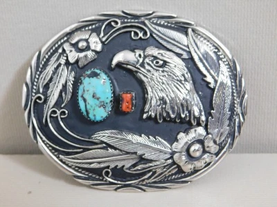 Fivela de cinto vintage S.S.I cabeça de águia flor pena coral turquesa feita à mão EUA - Imagem 1 de 4