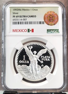 1992 MEXICO SILVER LIBERTAD 1 ONZA NGC PF 69 ULTRA CAMEO RARE GEM PROOF 1 OZ - Picture 1 of 3