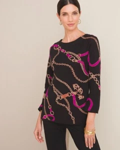 Chico's Status Jacquard Sweater Black Pink Bridle Design Size 1 Medium - Picture 1 of 8