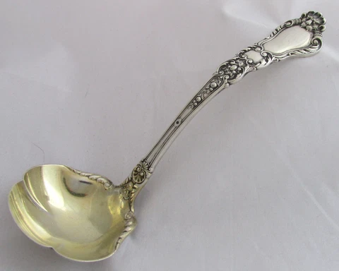 Antique Gorham Sterling Silver Baronial Lion's Face Floral Serving Gravy Ladle Cover