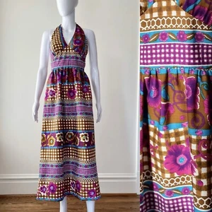 vintage S floral halter maxi dress Purple Brown Gingham Hawaiian EUC - Picture 1 of 17