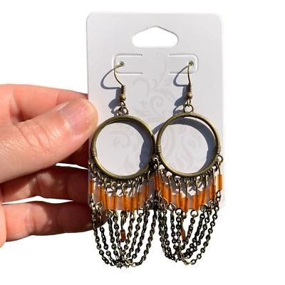 Antique Bronze Dangly Hoop Earrings w/ Chains & Orange Tube Beads Boho Jewelry - Image 1 of 4