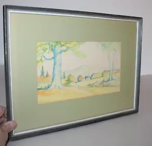 Vintage gerahmte Aquarell Kunst original signiert 1969 / Landschaft - Kirche - Bild 1 von 10