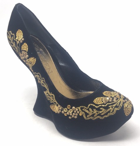 Decolte donna Alexander McQueen taglia 36 6 nere velluto ricamate zeppa curva