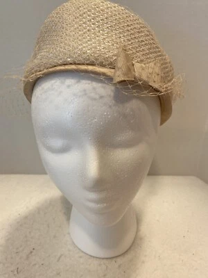 Vintage Beige Pillbox Ladies Hat, Netting, Side Bow, EUC For Age￼, Union Made - Image 1 of 4