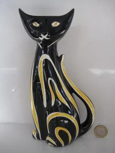 VINTAGE MCM RETRO BLACK WHITE YELLOW TIGRIS CAT DESIGN VASE MADE GERMANY 4130 - Picture 1 of 18