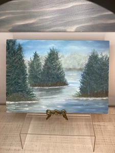 Vintage handbemalte Tafel Wald Fluss Bäume Berge Landschaft ungerahmt SC - Bild 1 von 8
