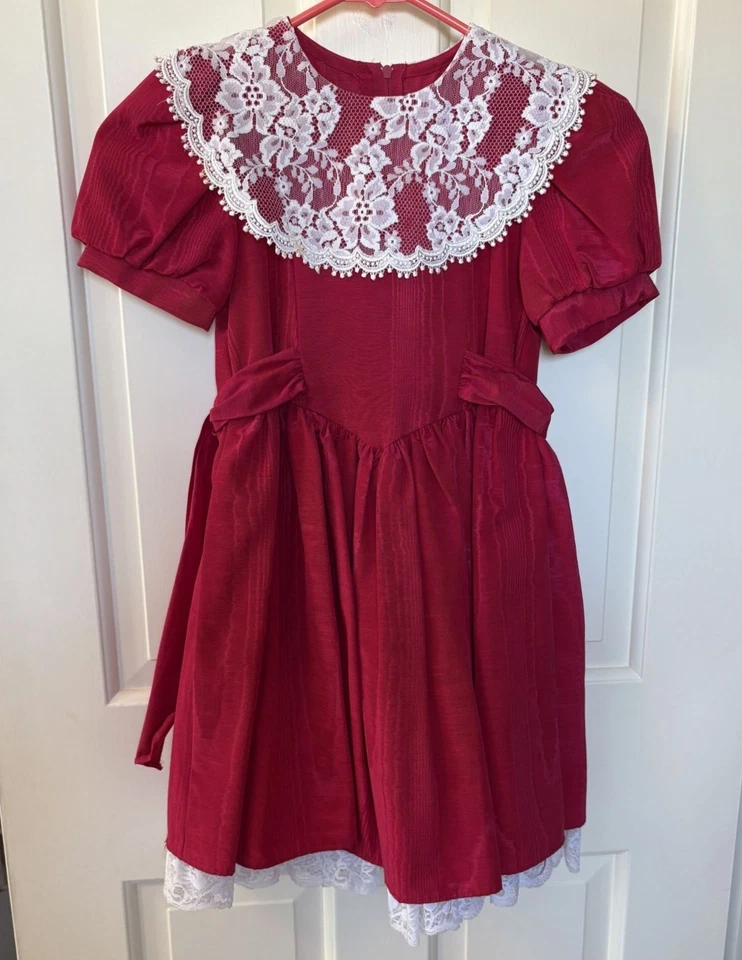 Vestido de fiesta de Navidad vintage Jessica McClintock Gunne Sax niñas 6 ribete de encaje rojo Foto 1 de 4