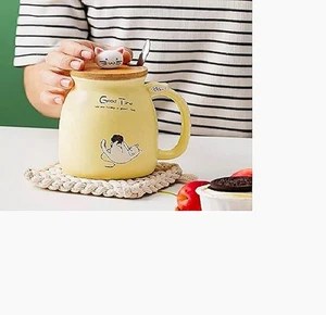 Katze Cartoon Keramik Tasse Becher mit Löffel Katze Bambus Deckel Kaffee Tee Geschenkset - Bild 1 von 8