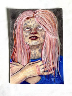 Arte Original Hermosa Fantasía Surrealista Extraña Ilustración Flores Dibujo Mikah Foto 1 de 4