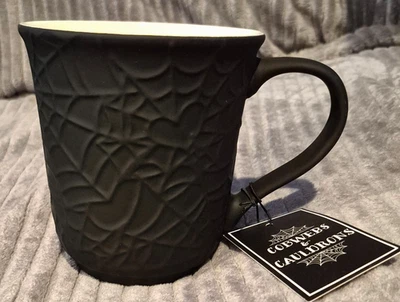 Cobwebs & Cauldrons Black SPIDER WEB Ceramic Textured MUG Halloween - Image 1 of 4
