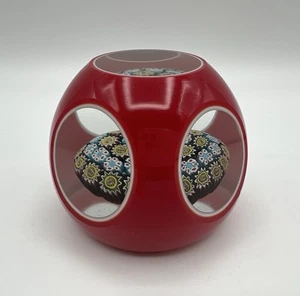 Murano Kunst Glas rot gefasst geschliffen klar facettiert Millefiori Briefbeschwerer 3" Italien - Bild 1 von 12