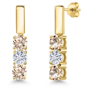 18K Yellow Gold Plated Silver Dangle Earrings Morganite Moissanite (1.30 Cttw) - Picture 1 of 7