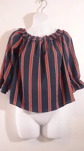 Divided H & M Women's Navy Red WHite Stripe Crepe Ruffle Off the shoulder Top 8 - Picture 1 of 6