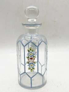 ANTIQUE FRENCH GLASS BOTTLE WITH STOPPER HANDPAINTED FLORAL PATTERN LALIQUE - Picture 1 of 11