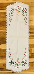 Hand Embroidered Floral Table Runner Crocheted Edge - Picture 1 of 7