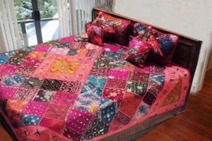 7 PC LUXURIOUS VINTAGE SARI BEADS BLANKET QUILT COVERLET BEDSPREAD THROW DUVET - Picture 1 of 14