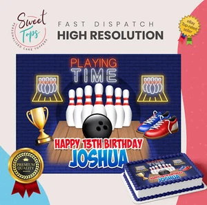 BOWLING RECTANGLE PERSONALISED EDIBLE BIRTHDAY CAKE TOPPER DECORATION - Picture 1 of 1