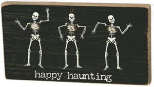 NEW!~Primitive Wood Stitched Art Block Sign~ "Happy Haunting" Halloween Skeleton - Picture 1 of 1