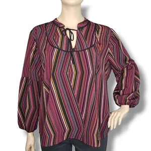 Maurices Striped Peasant Blouse Womens 3X Red V Tie Neck Pullover Balloon Sleeve - Picture 1 of 9