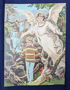 Vtg GUARDIAN ANGEL Paint by Number Picture Child Waterfall Scene Finished - Picture 1 of 4