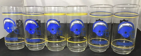 (6) San Diego Chargers Vintage NFL 14oz Drinking Glass Mobil Oil Promotion Cover