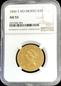 1866 S NO MOTTO GOLD USA $10 LIBERTY NGC ABOUT UNC 55 EAGLE HEAD COIN  - Picture 1 of 2