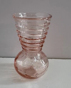 Pink Depression Ribbed & Crackle Glass Handblown 4" Tall Vase Vintage - Picture 1 of 10