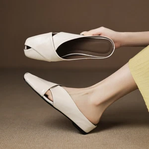 Womens Closed Toe Real Leather Slippers Sandals Mules Slingbacks Low Wedge Heels - Picture 1 of 28