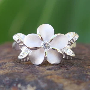 Hawaiian Silver Four Leaves Plumeria Flower CZ Wedding Ring Band 12mm SR2061 - Picture 1 of 3