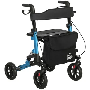HOMCOM Folding Rollator Walker with Seat, Backrest, Bag, 4 Wheels, Blue - Picture 1 of 12