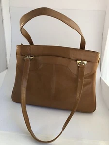 Vintage Lou Taylor Camel Brown Leather Shoulder Bag w Iconic Vanity Mirror Italy - Picture 1 of 8