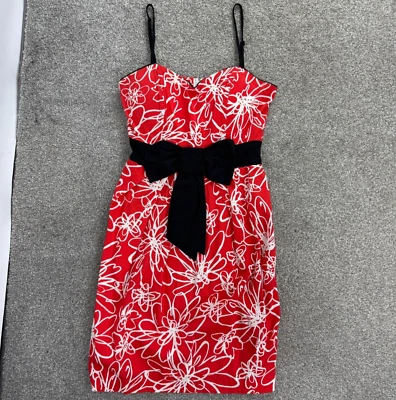 B. Vestido elegante rojo y blanco abstracto floral con correa de espagueti para mujer 6 lazos negros Foto 1 de 4