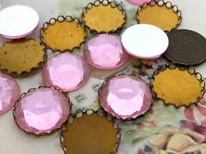 Vintage 18mm Faceted Pink Acrylic Cabs Scalopp Edged Metal Settings 8