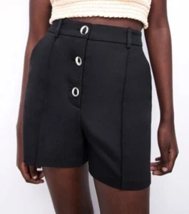 Zara Womens High Waisted Button Shorts/Bermuda Black Sz M NWT - Picture 1 of 10