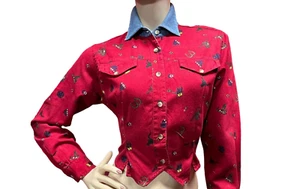 S Vtg 90s RED Western Cropped Shirt Top Blouse Adobe Rose 100% India Cotton - Picture 1 of 6