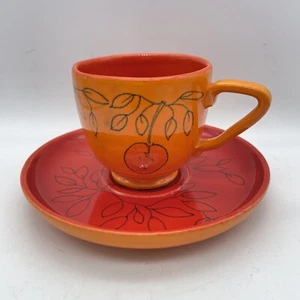 Raymor Italy Pottery MCM Orange Red Fruit Leaf Leaves Tea Coffee Cup Saucer - Picture 1 of 13