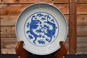 Chinese Antique Blue White Porcelain Chilong Dish With Chenghua Mark - Picture 1 of 19