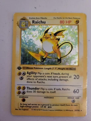 Raichu Holo 1st Edition Base Set 014/102 Shadowless Pokemon 1999 - Image 1 of 2