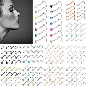 5-16PCS Nose Stud Surgical Steel Nose Ring Earring CZ Screw Bar Lip Piercing 20G - Picture 1 of 22