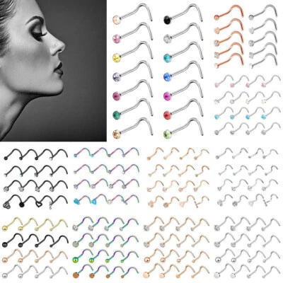 5-16PCS Nose Stud Surgical Steel Nose Ring Earring CZ Screw Bar Lip Piercing 20G - Image 1 of 4